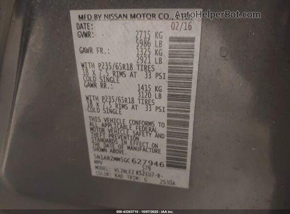 5N1AR2MM5GC627946 2016 NISSAN PATHFINDER Gray Vista del compartimento del motor