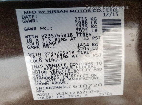 5N1AR2MN3GC610720 2016 NISSAN PATHFINDER Gray 