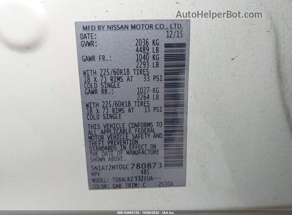 5N1AT2MT0GC780873 2016 NISSAN ROGUE White 