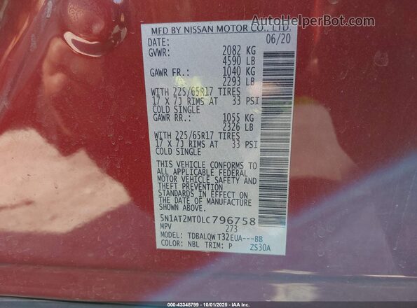 5N1AT2MT0LC796758 2020 NISSAN ROGUE Red Widok komory silnika
