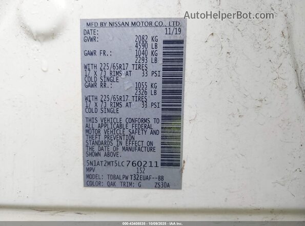 5N1AT2MT5LC760211 2020 NISSAN ROGUE White ძრავის განყოფილების ხედი