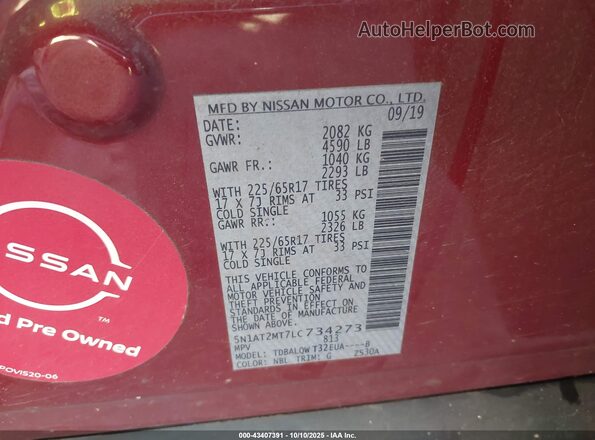 5N1AT2MT7LC734273 2020 NISSAN ROGUE Red Vista del compartimento del motor