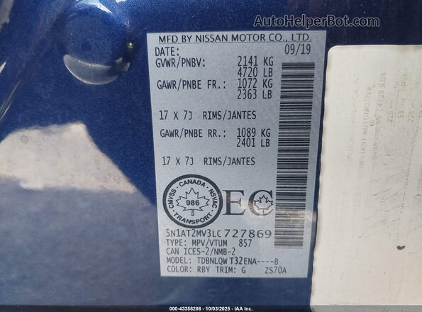5N1AT2MV3LC727869 2020 NISSAN ROGUE Blue Widok komory silnika