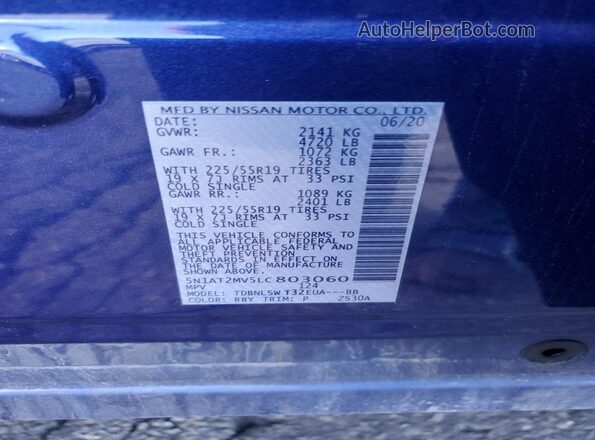 5N1AT2MV5LC803060 2020 NISSAN ROGUE Blue Widok naklejki z numerem VIN