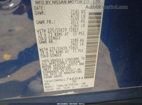 5N1AT2MV6LC746044 2020 NISSAN ROGUE Blue Widok komory silnika
