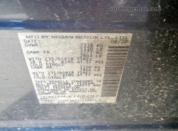 5N1AZ2AJ4LN168207 2020 NISSAN MURANO Silver Вид наклейки з VIN-кодом