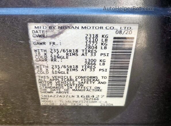 5N1AZ2AJ7LN168427 2020 NISSAN MURANO Gray VIN sticker view