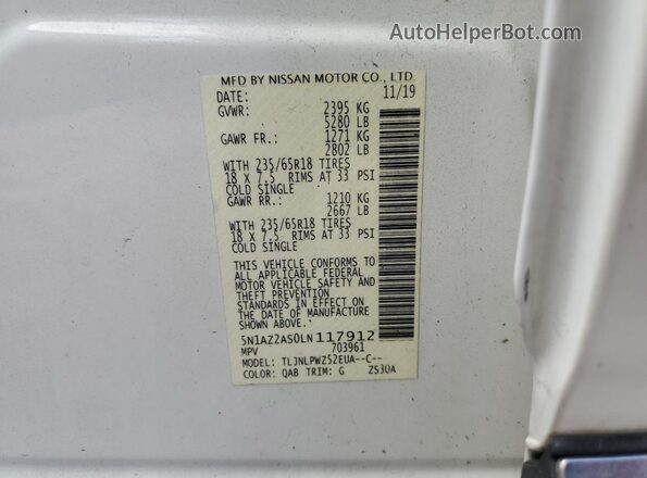 5N1AZ2AS0LN117912 2020 NISSAN MURANO White VIN sticker view