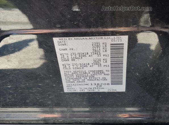 5N1AZ2AS2MC138208 2021 NISSAN MURANO Black VIN կոդի պիտակի տեսք