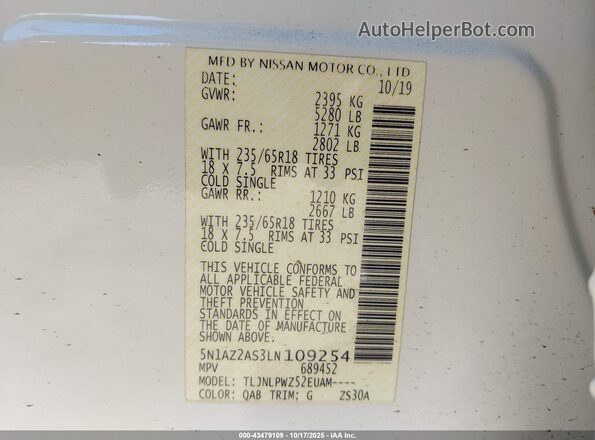 5N1AZ2AS3LN109254 2020 NISSAN MURANO White Engine compartment view