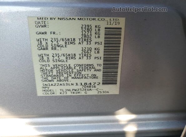 5N1AZ2AS3LN118472 2020 NISSAN MURANO Silver Շարժիչի բաժամունքի տեսք