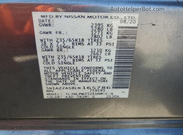 5N1AZ2AS8LN165786 2020 NISSAN MURANO Gray Вид наклейки з VIN-кодом