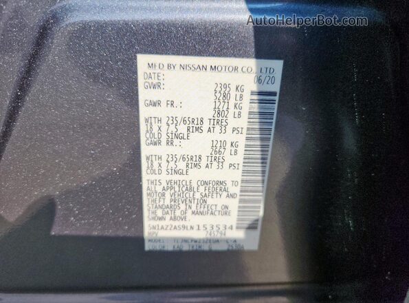5N1AZ2AS9LN153534 2020 NISSAN MURANO Gray Vista de la etiqueta del VIN