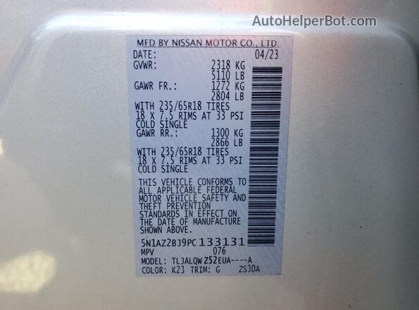 5N1AZ2BJ9PC133131 2023 NISSAN MURANO Silver Vista interior de 360 grados