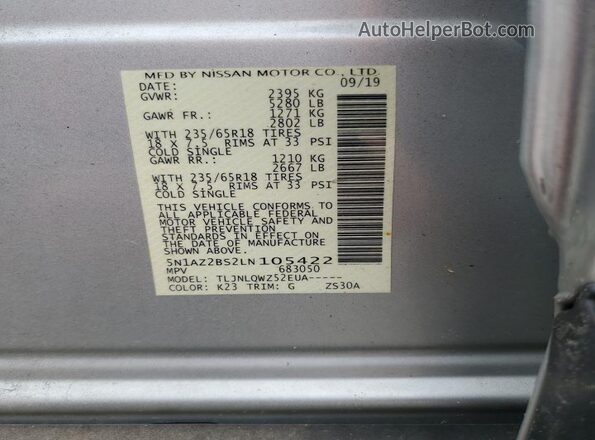 5N1AZ2BS2LN105422 2020 NISSAN MURANO Silver Вид наклейки з VIN-кодом