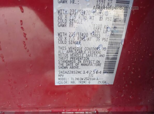 5N1AZ2BS2MC142564 2021 NISSAN MURANO Red Engine compartment view