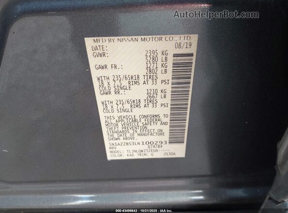 5N1AZ2BS3LN100293 2020 NISSAN MURANO Gray Engine compartment view