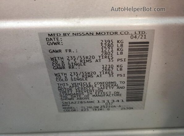 5N1AZ2BS4MC131341 2021 NISSAN MURANO Silver Սալոնի 360 աստիճան տեսք