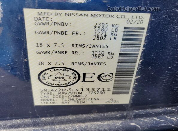 5N1AZ2BS5LN135711 2020 NISSAN MURANO Blue 360 interior view