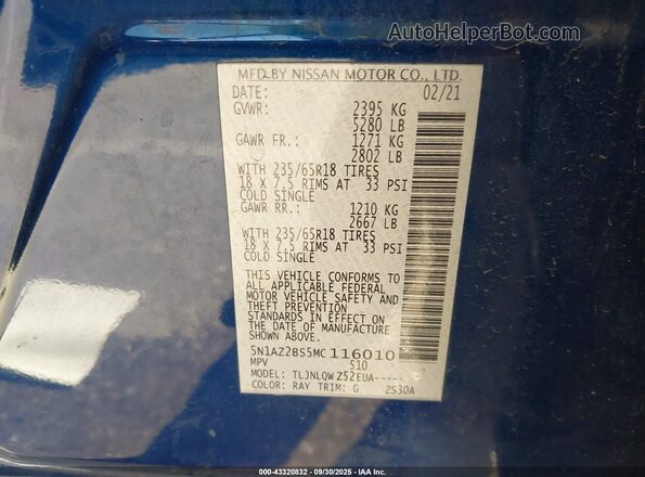 5N1AZ2BS5MC116010 2021 NISSAN MURANO Blue Շարժիչի բաժամունքի տեսք