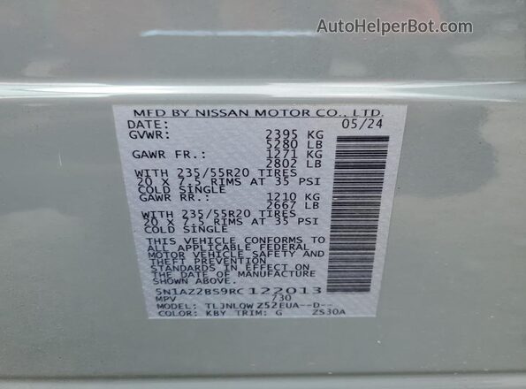 5N1AZ2BS9RC122013 2024 NISSAN MURANO Gray VIN կոդի պիտակի տեսք