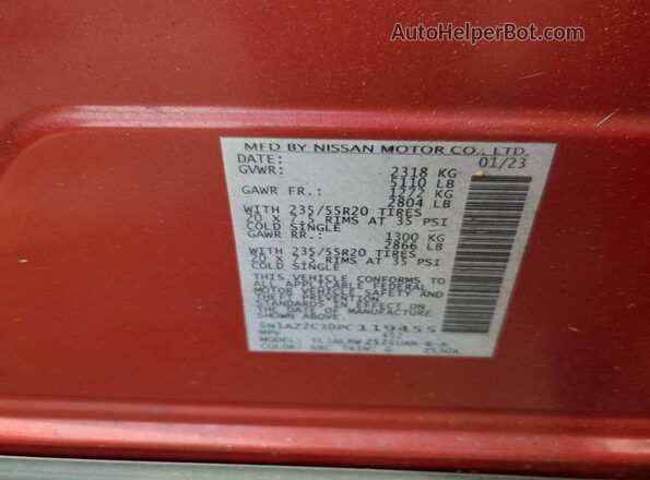 5N1AZ2CJ0PC119455 2023 NISSAN MURANO Red VIN կոդի պիտակի տեսք