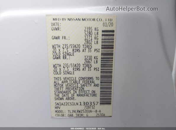 5N1AZ2CS1LN130357 2020 NISSAN MURANO White Engine compartment view