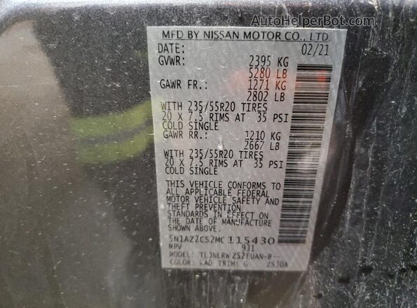 5N1AZ2CS2MC115430 2021 NISSAN MURANO Gray Vista de la etiqueta del VIN