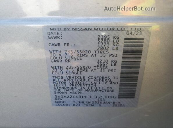 5N1AZ2CS3PC132306 2023 NISSAN MURANO Silver Панорамний вид салону 360°