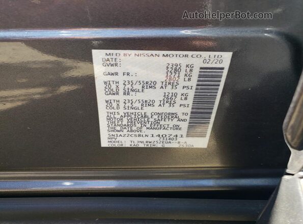 5N1AZ2CS8LN140741 2020 NISSAN MURANO Gray 360 interior view