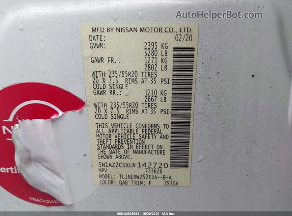 5N1AZ2CSXLN142720 2020 NISSAN MURANO White Շարժիչի բաժամունքի տեսք