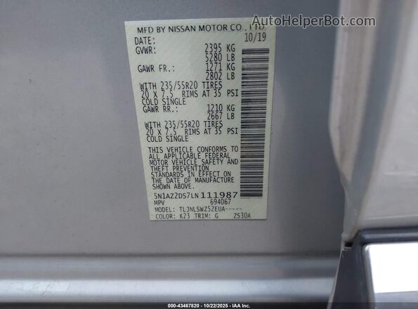 5N1AZ2DS7LN111987 2020 NISSAN MURANO Gray Engine compartment view