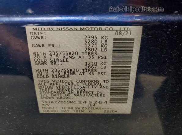 5N1AZ2DS9MC145264 2021 NISSAN MURANO Blue Widok naklejki z numerem VIN