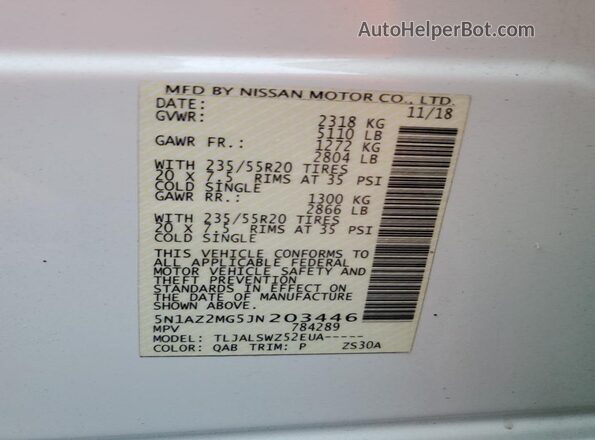 5N1AZ2MG5JN203446 2018 NISSAN MURANO Белый 