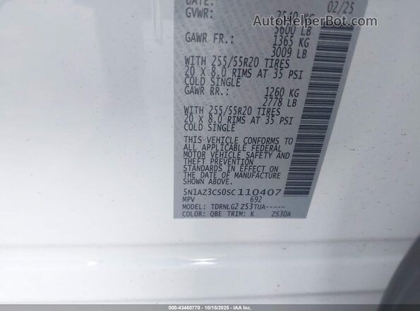 5N1AZ3CS0SC110407 2025 NISSAN MURANO White ძრავის განყოფილების ხედი