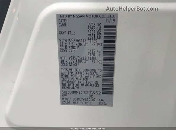 5N1DL0MM4LC527852 2020 INFINITI QX60 White Շարժիչի բաժամունքի տեսք