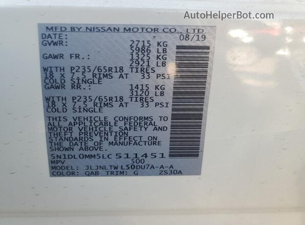 5N1DL0MM5LC511451 2020 INFINITI QX60 White VIN კოდის სტიკერის ხედი