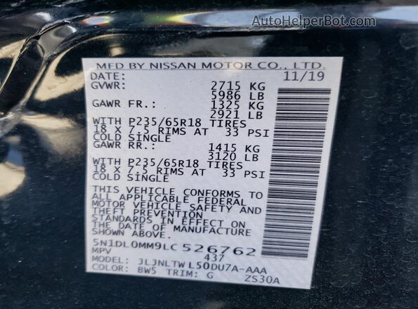 5N1DL0MM9LC526762 2020 INFINITI QX60 Black VIN sticker view