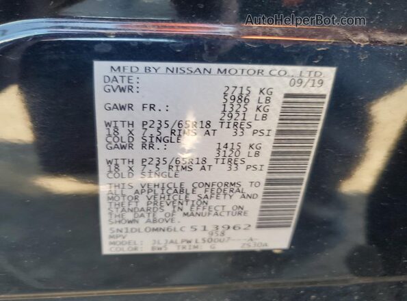 5N1DL0MN6LC513962 2020 INFINITI QX60 Blue Սալոնի 360 աստիճան տեսք
