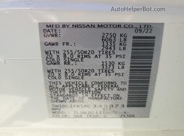 5N1DL1FR5PC345873 2023 INFINITI QX60 White Панорамний вид салону 360°