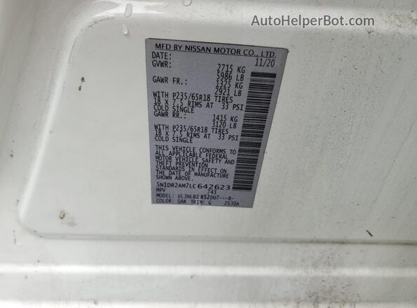 5N1DR2AM7LC642623 2020 NISSAN PATHFINDER White VIN կոդի պիտակի տեսք