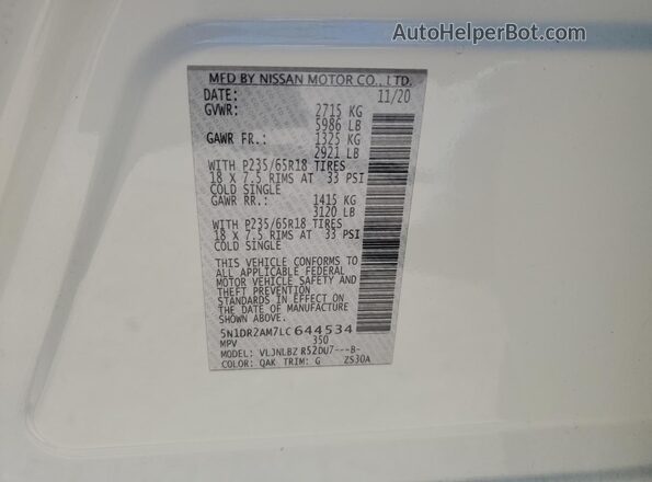 5N1DR2AM7LC644534 2020 NISSAN PATHFINDER White Вид наклейки з VIN-кодом