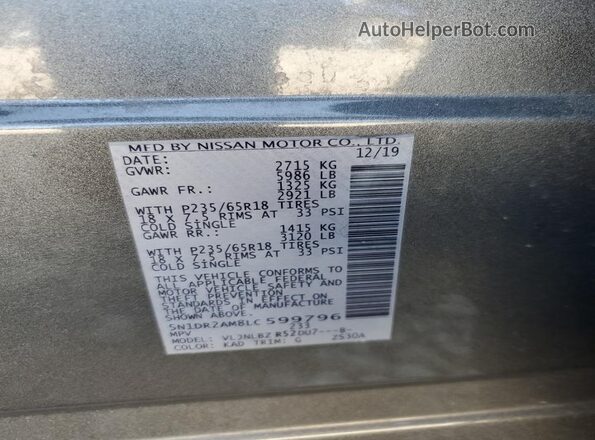 5N1DR2AM8LC599796 2020 NISSAN PATHFINDER Gray VIN კოდის სტიკერის ხედი