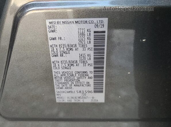 5N1DR2AM9LC581596 2020 NISSAN PATHFINDER Gray VIN sticker view