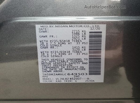 5N1DR2AMXLC649503 2020 NISSAN PATHFINDER Gray Панорамний вид салону 360°