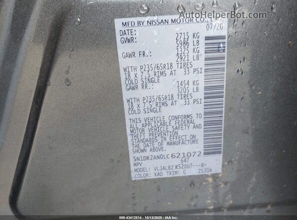 5N1DR2AN0LC621072 2020 NISSAN PATHFINDER Gray Вид підкапотного простору