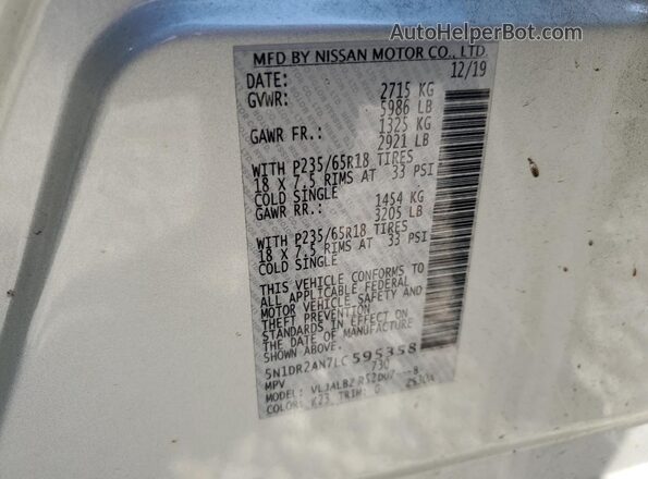 5N1DR2AN7LC595358 2020 NISSAN PATHFINDER Silver Вид наклейки з VIN-кодом