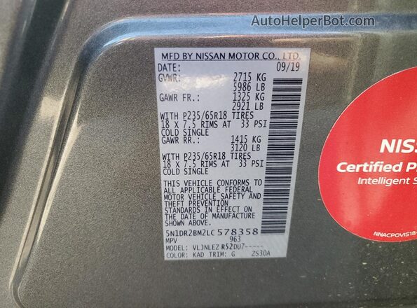5N1DR2BM2LC578358 2020 NISSAN PATHFINDER Gray Панорамний вид салону 360°
