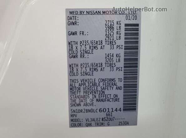 5N1DR2BN0LC601144 2020 NISSAN PATHFINDER Белый Вид наклейки с VIN-кодом