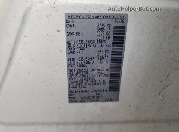 5N1DR2BN4LC600935 2020 NISSAN PATHFINDER Белый Панорамный вид салона 360°
